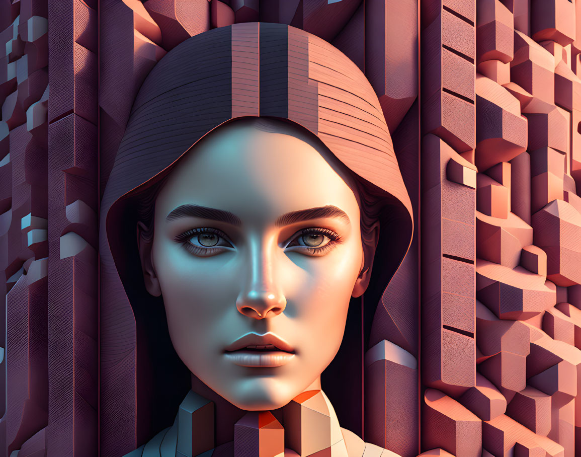 Futuristic female face in 3D digital art with geometric shapes in pink and brown