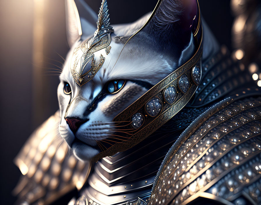 Blue-Eyed Cat in Medieval Helmet and Armor with Metallic Details