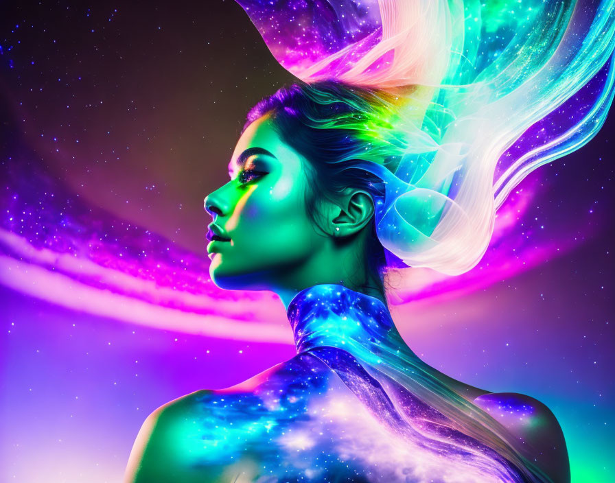 Woman with Vibrant Neon Body Paint Resembling Cosmic Nebula