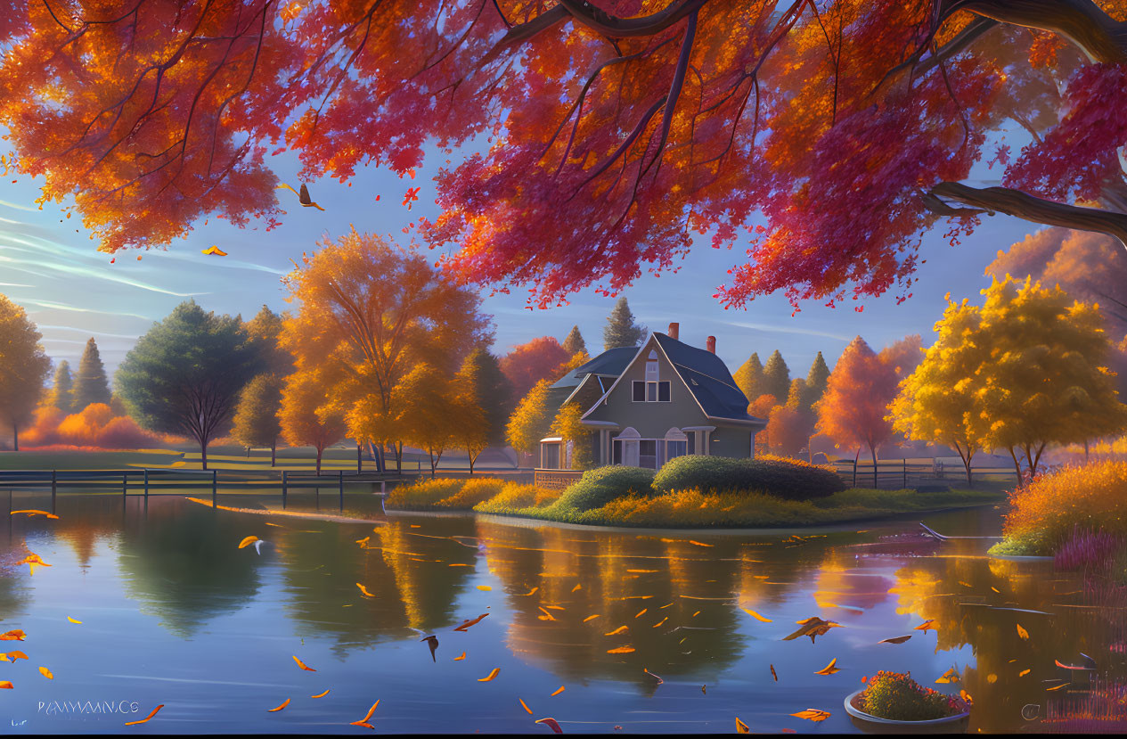 Autumn landscape: quaint house by pond, vibrant trees, clear blue sky