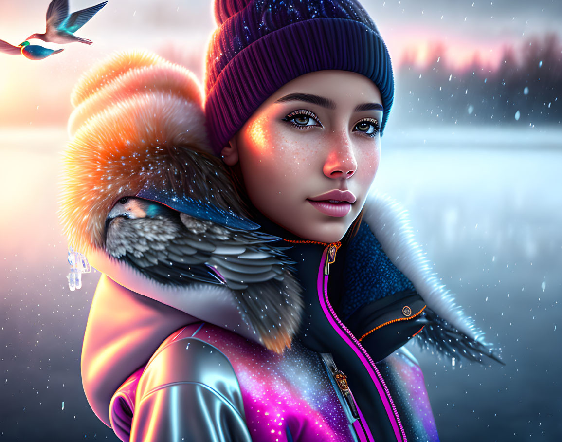 Digital artwork: Young woman with bird in snowy sunrise scene