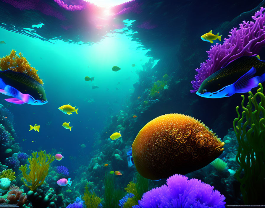 Colorful Fish and Corals in Sunlit Underwater Scene