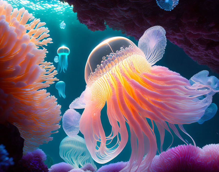 Vibrant orange jellyfish in ethereal underwater scene