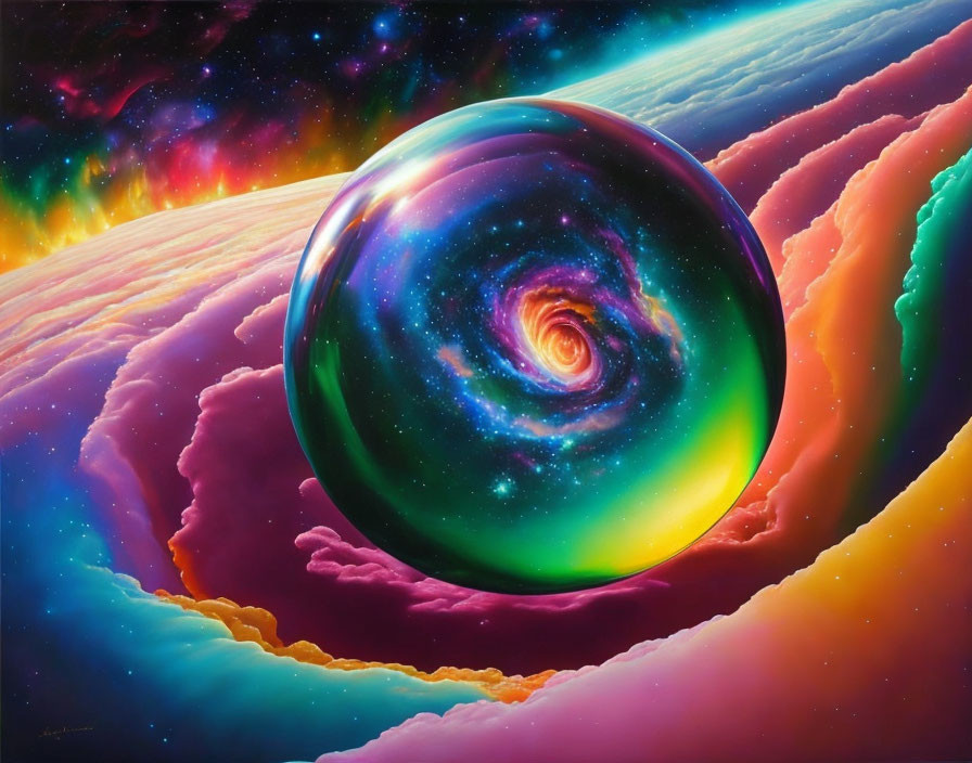 Colorful cosmic scene with glossy sphere reflecting spiral galaxy