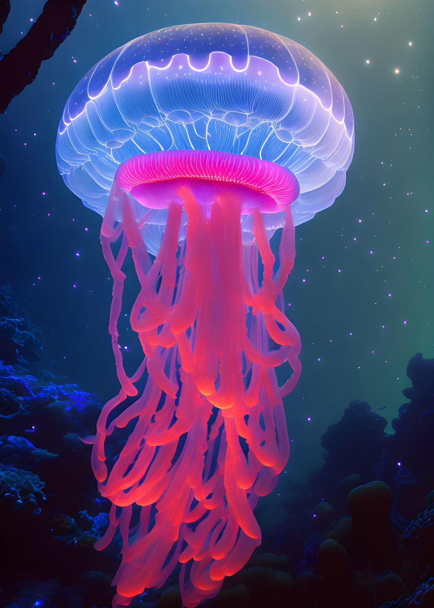 Luminous blue and pink jellyfish with coral and light particles underwater