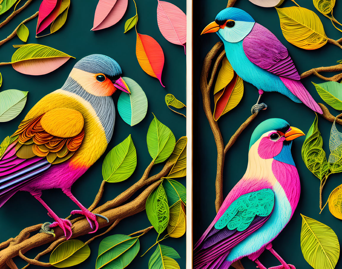 Vibrant Stylized Birds Perched on Branches with Teal Background