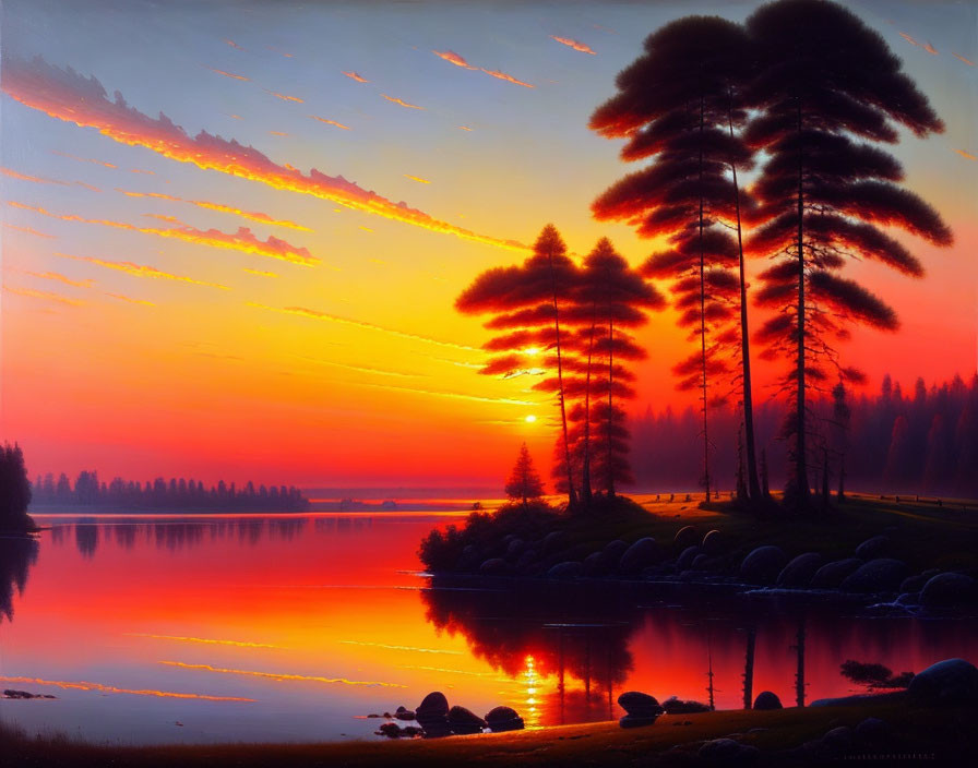 Vibrant orange and red sunset over calm lake with pine tree silhouettes