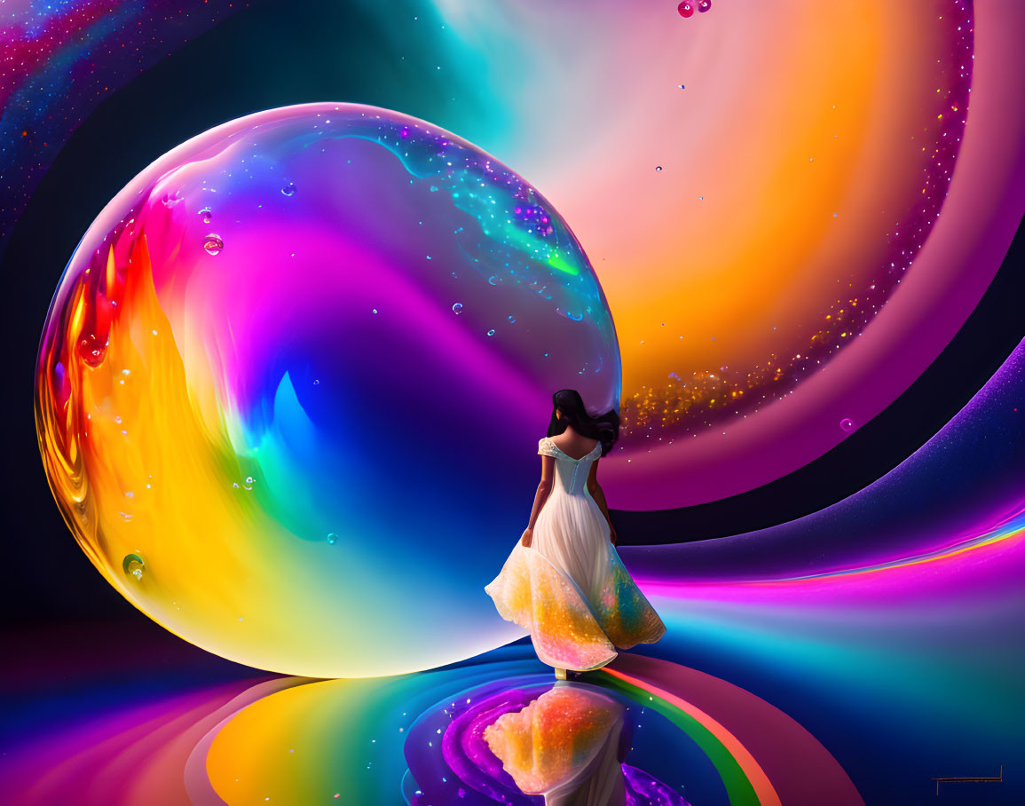 Woman in flowing dress admires giant colorful soap bubble in surreal landscape