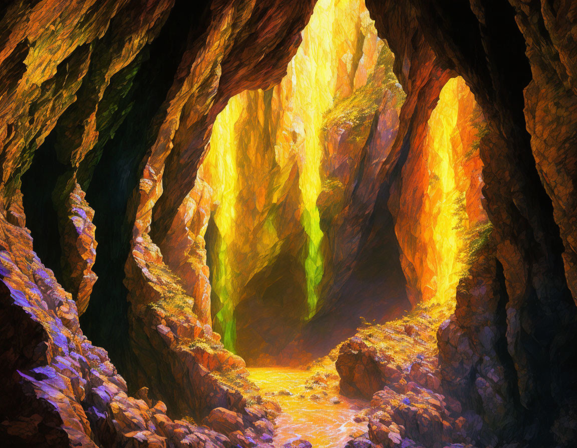 Sunlit Cave with Vibrant Orange and Yellow Walls