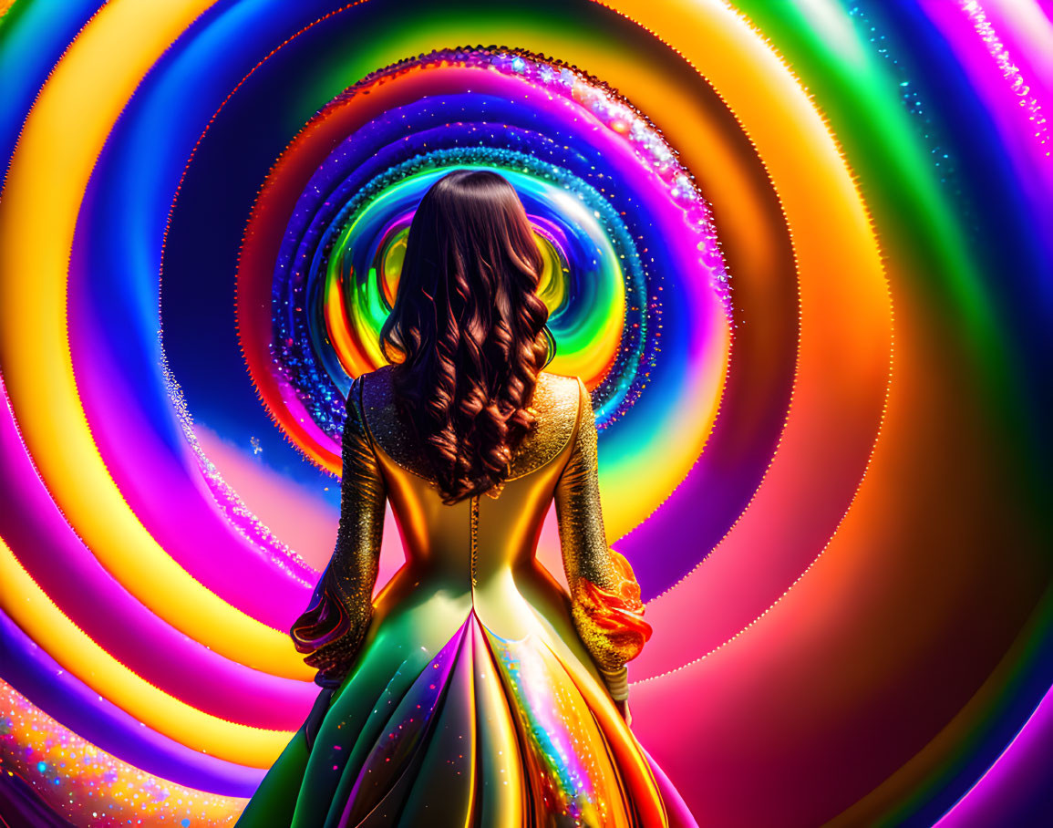 Woman in Sparkly Dress Against Rainbow Background: Vibrant and Energetic Feel