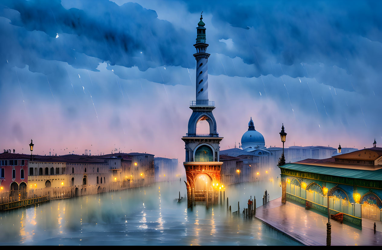 Dramatic Twilight Scene: Venice Buildings, Lighthouse, Cloudy Sky