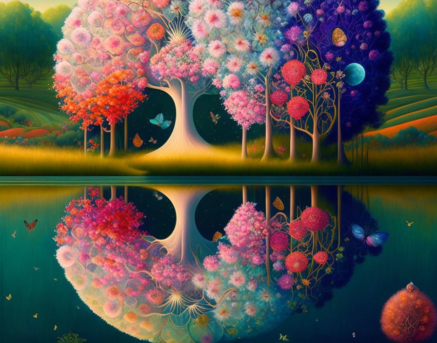 Colorful Flower-Adorned Trees in Surreal Twilight Landscape