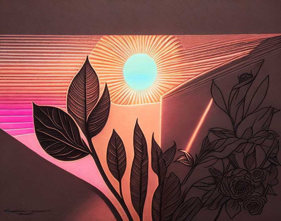 Sunset-themed artwork with radiant lines, silhouetted leaves, and etched roses