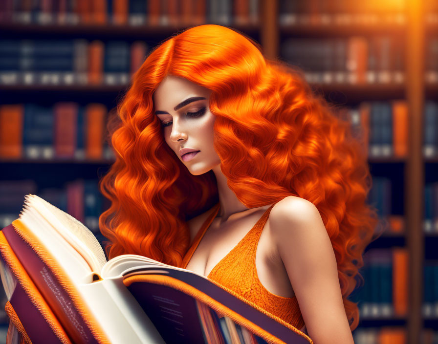 Woman with Vibrant Red Hair Reading Book in Library Setting