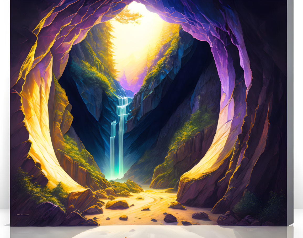 Digital Art: Mystical Cave with Waterfall & Sunlight