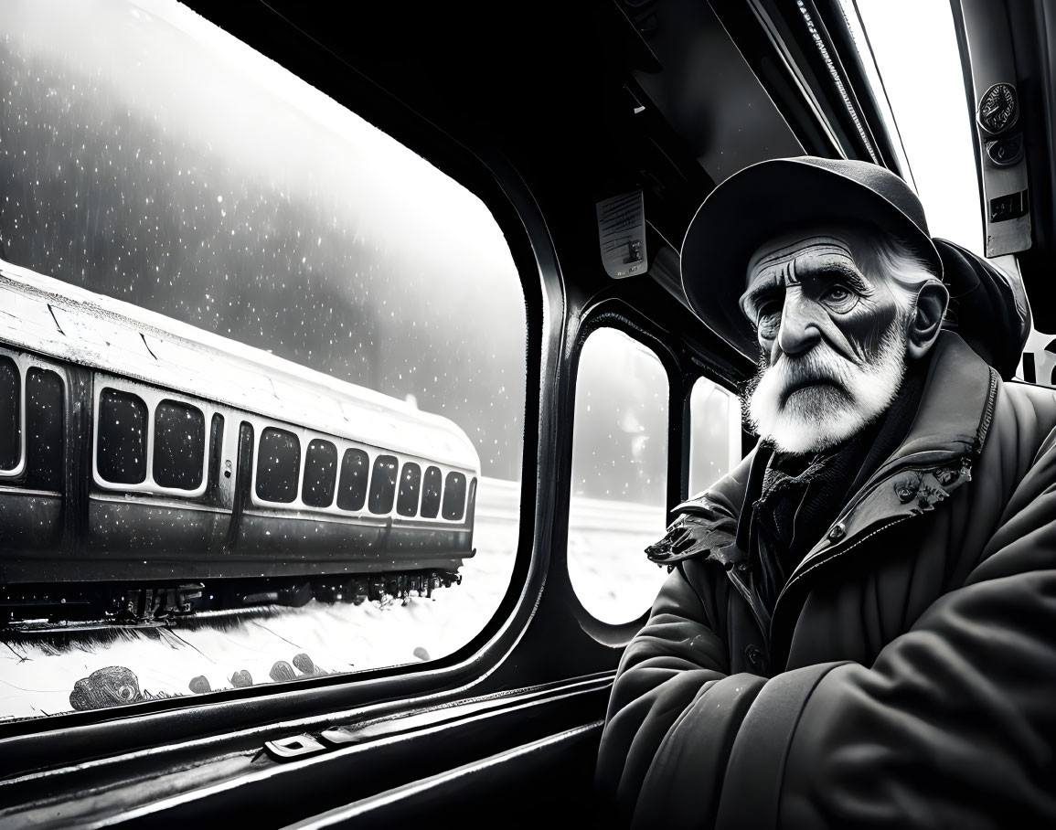 Elderly Man Contemplating Snowy Day Bus Ride