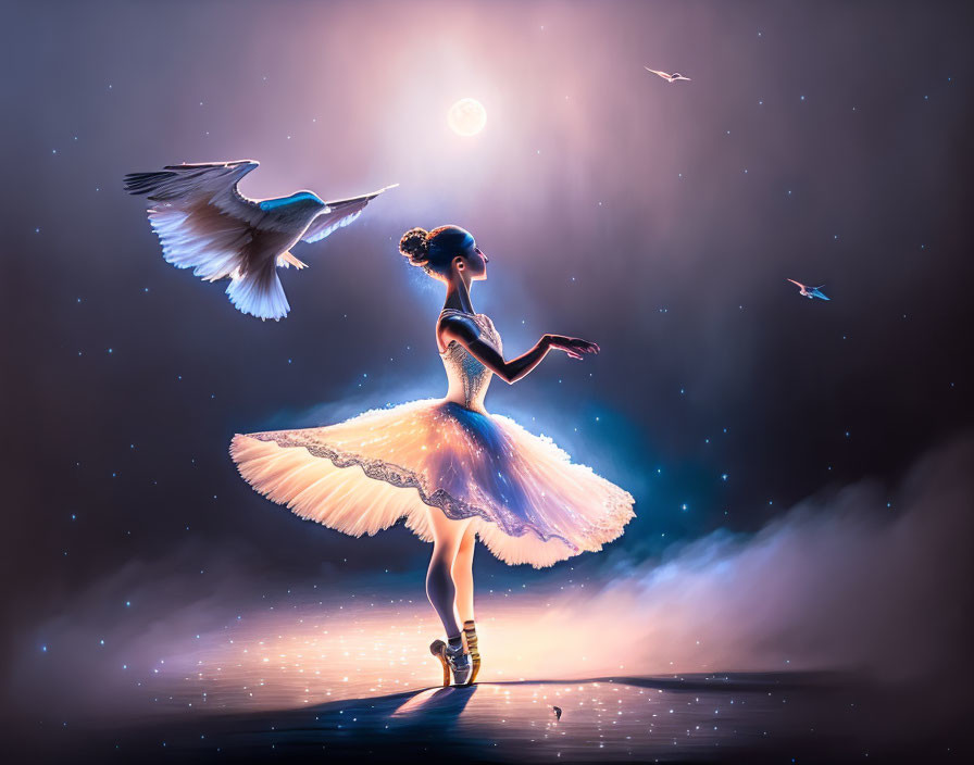 Glowing ballerina dances under night sky with moon and birds