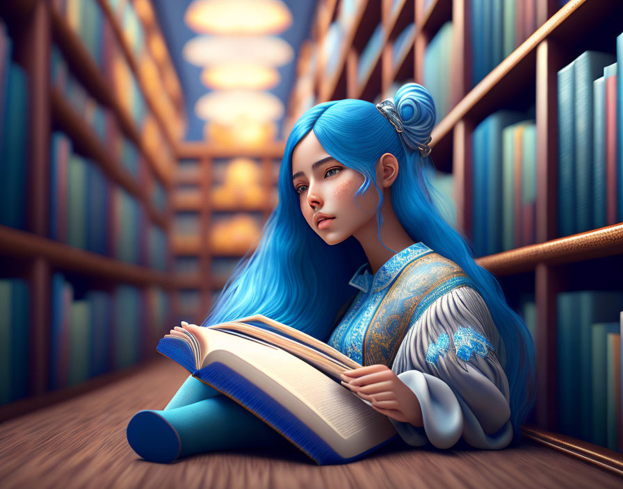 Person with vibrant blue hair reading book in library aisle.