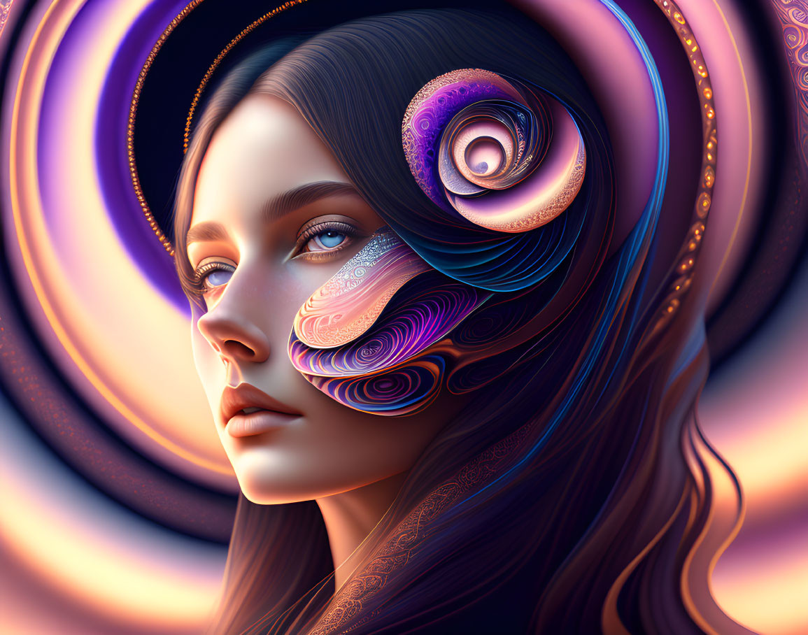 Digital portrait of woman with violet hair, gold and purple face patterns, and swirling shapes.