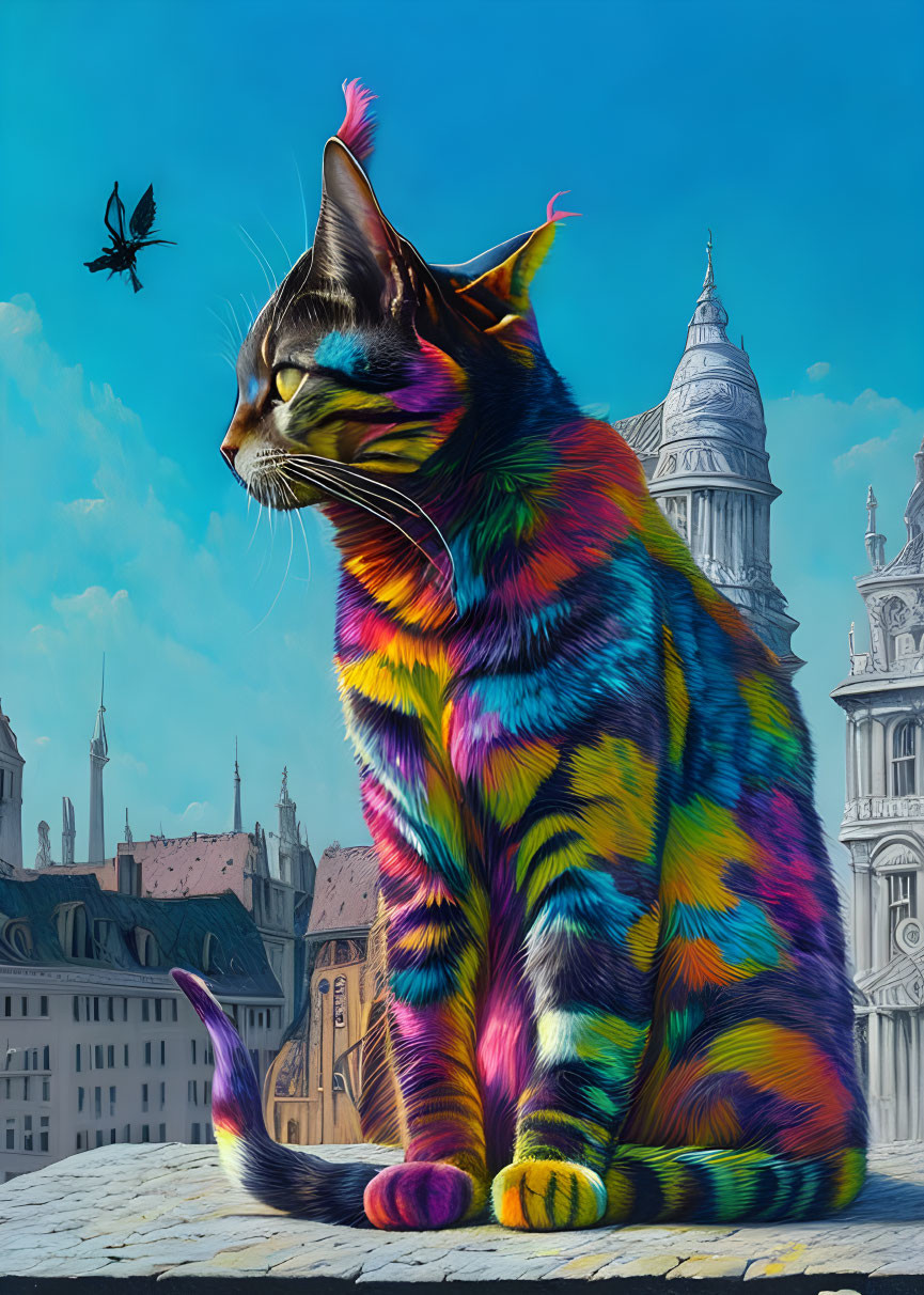 Colorful Giant Cat Overlooks European Cityscape with Bird in Sky