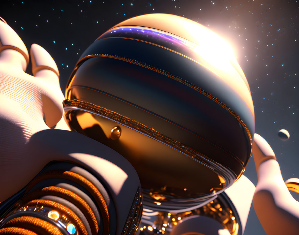 Metallic Sphere Held by Robot Hand Against Starry Sky Background