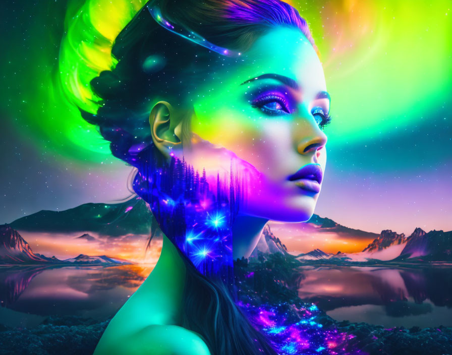 Surreal portrait of a woman with cosmic elements in mountain landscape