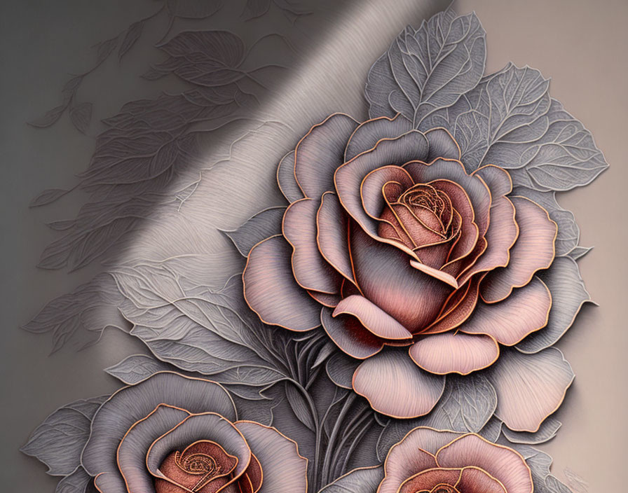 Detailed Close-Up of Embossed Copper and Gray Roses on Textured Background