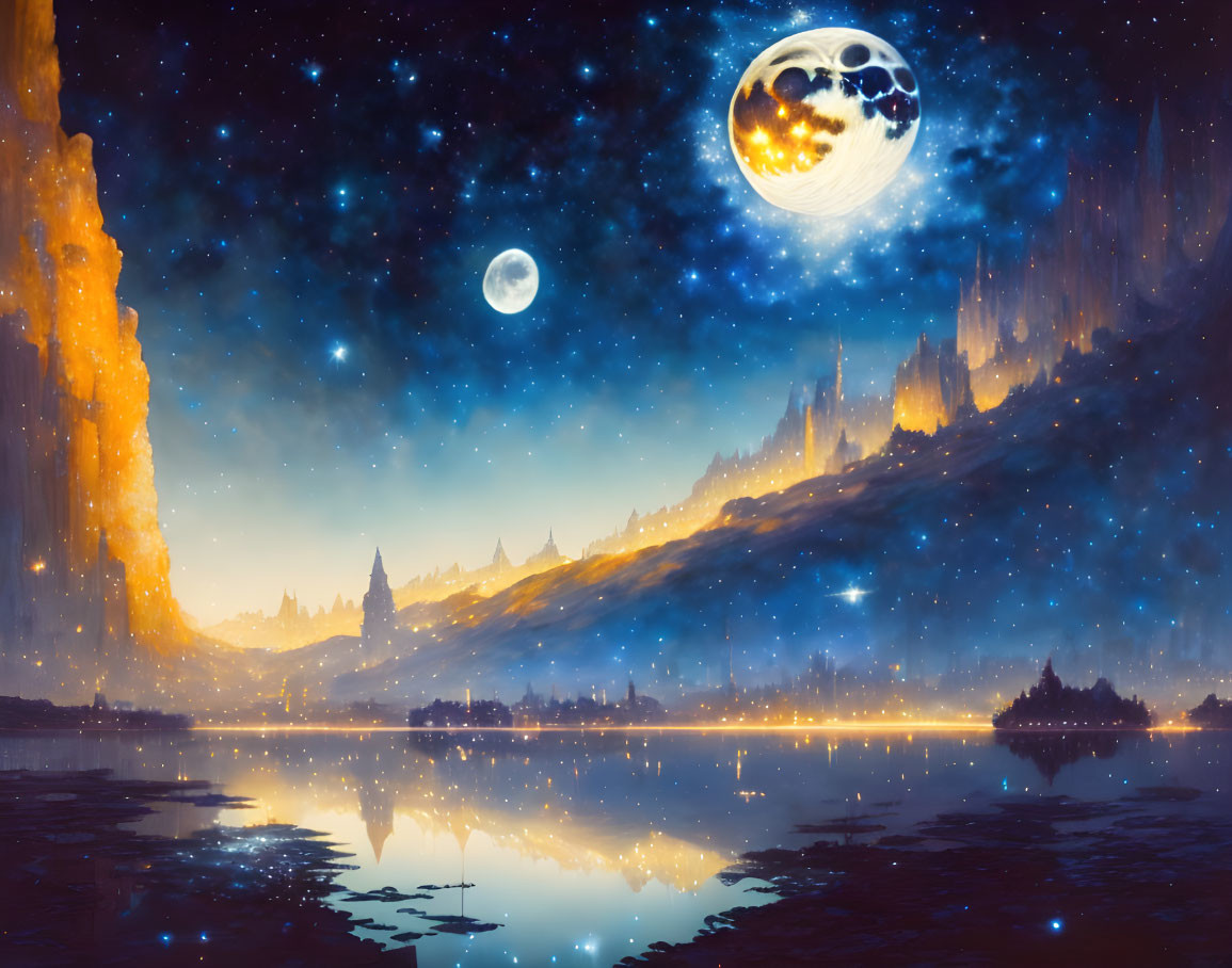 Night landscape with lake, cliffs, castle, two moons, starry sky