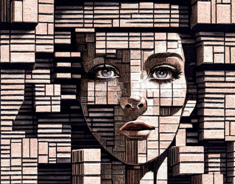 Digital artwork: Woman's face blends into geometric brick-like pattern