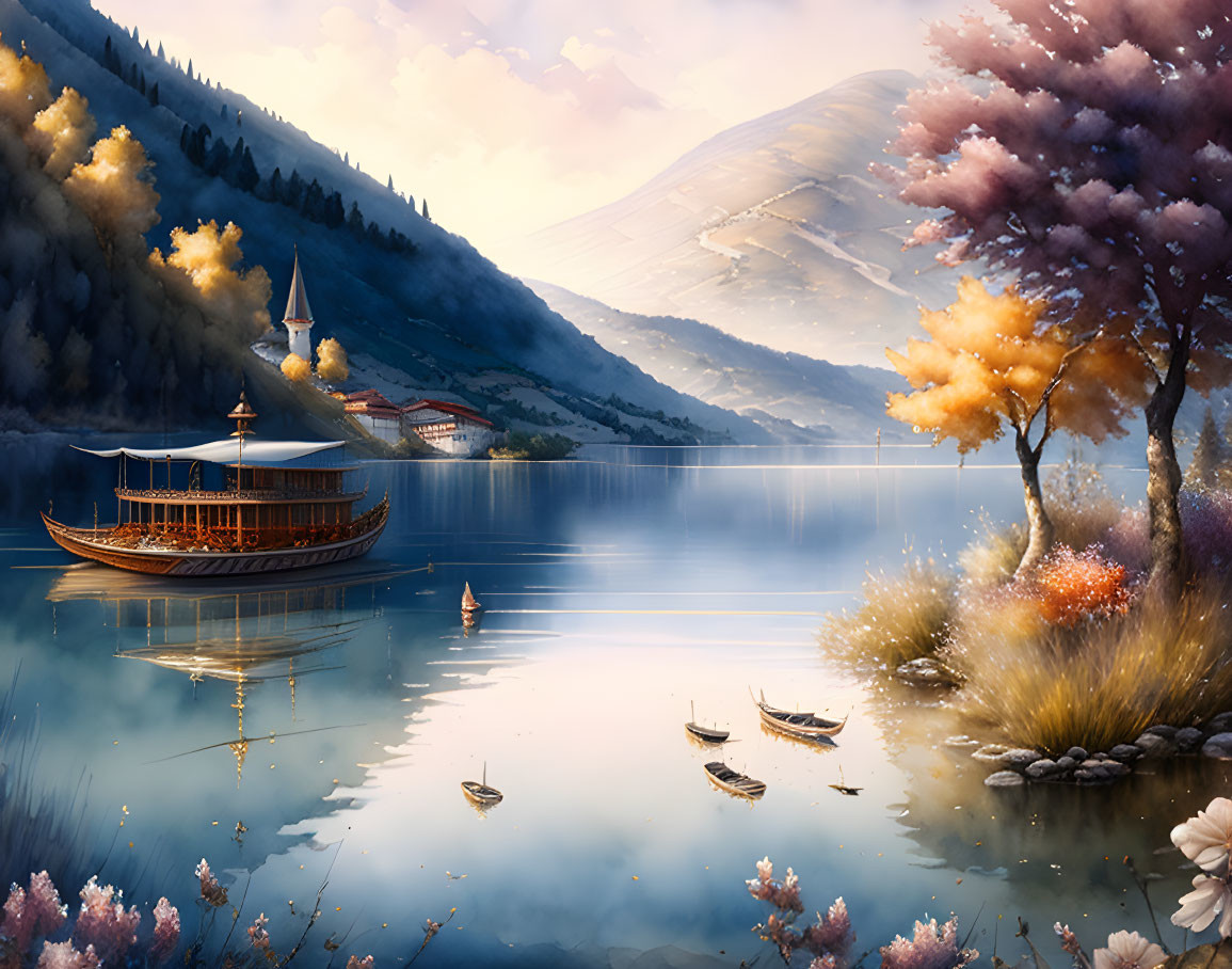 Tranquil lake scene with traditional boat, blossoming tree, serene water reflections, distant mountains,