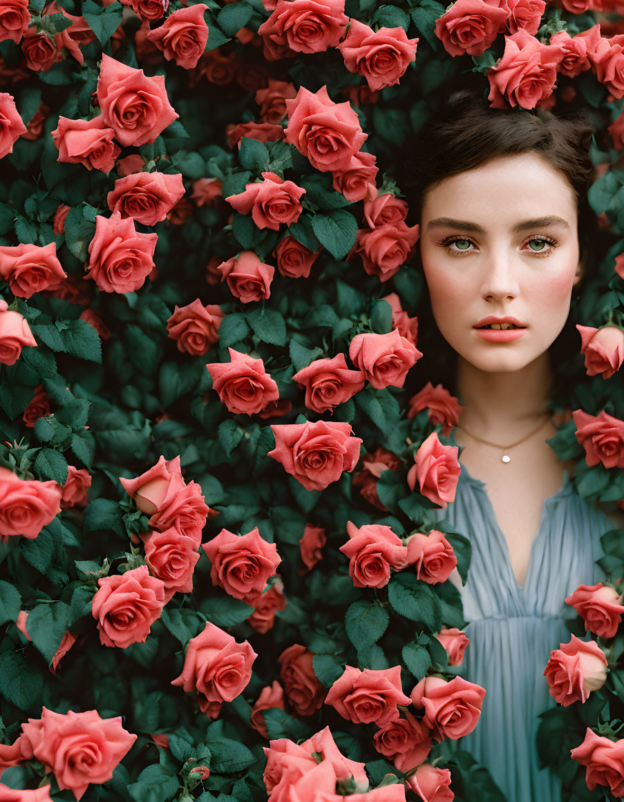 Striking green-eyed woman in lush pink rose backdrop