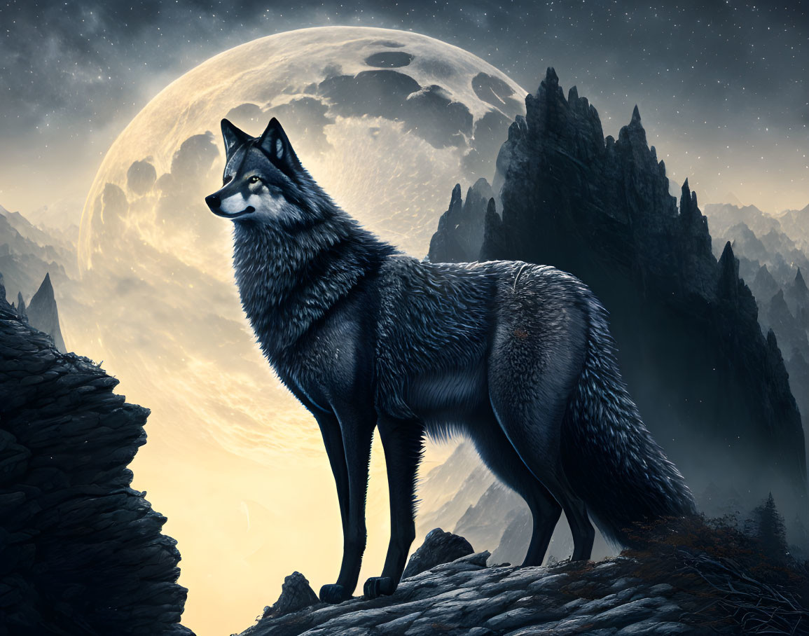 Majestic wolf on rocky terrain under moonlit sky