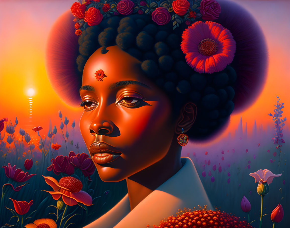 Dark-skinned woman with floral hair against sunset backdrop