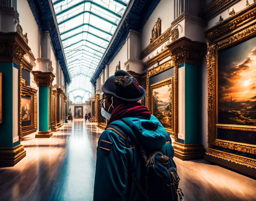 Person in Face Mask and Hat in Grand Art Gallery with Large Paintings