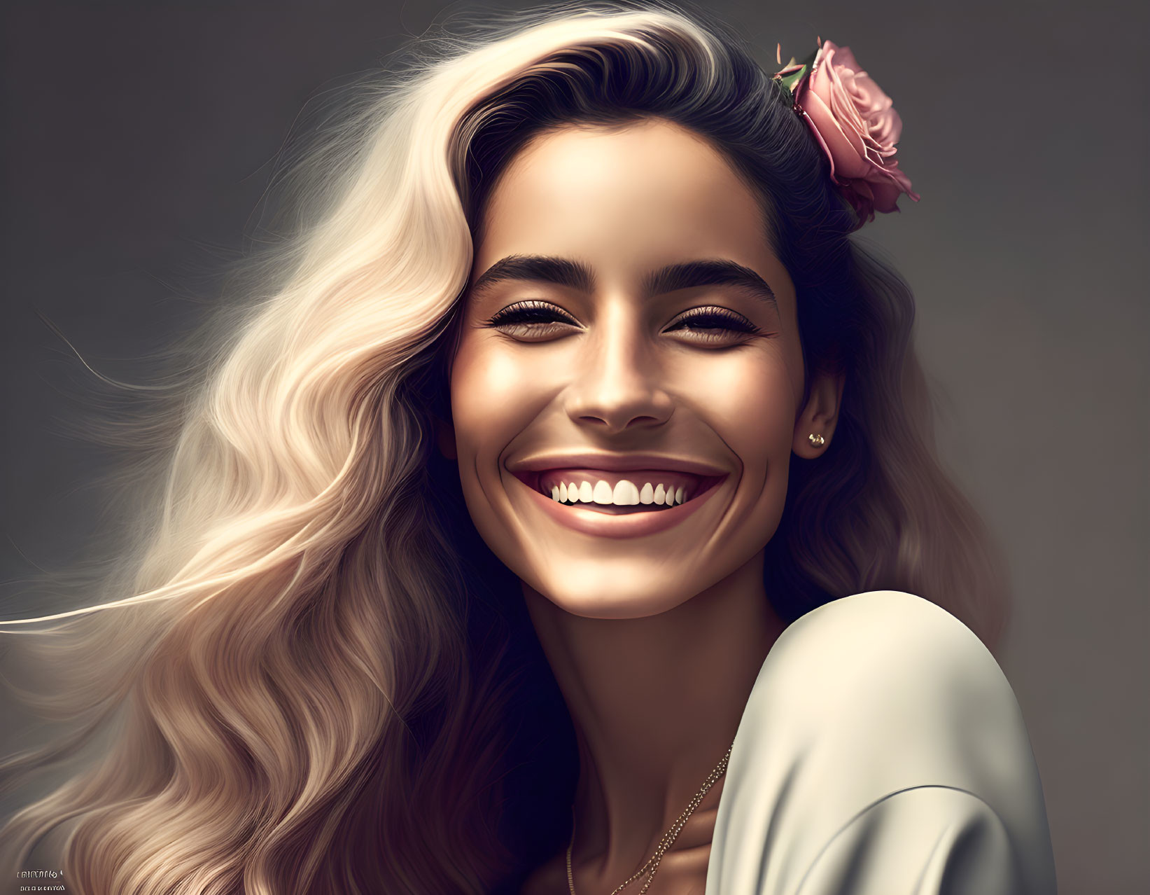 Smiling woman with blonde hair and pink rose portrait