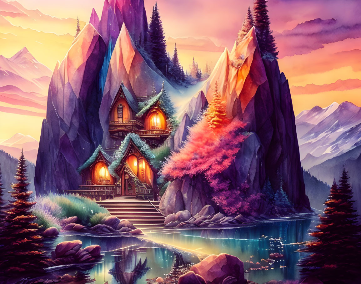 Colorful Mountain Landscape with Whimsical House and Sunset Sky