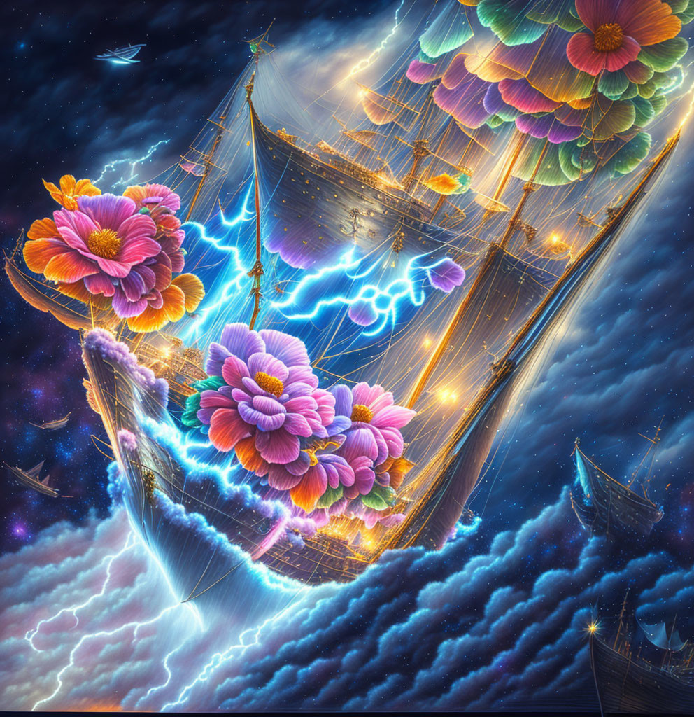 Cosmic sailing ships with oversized flower sails under electric storm