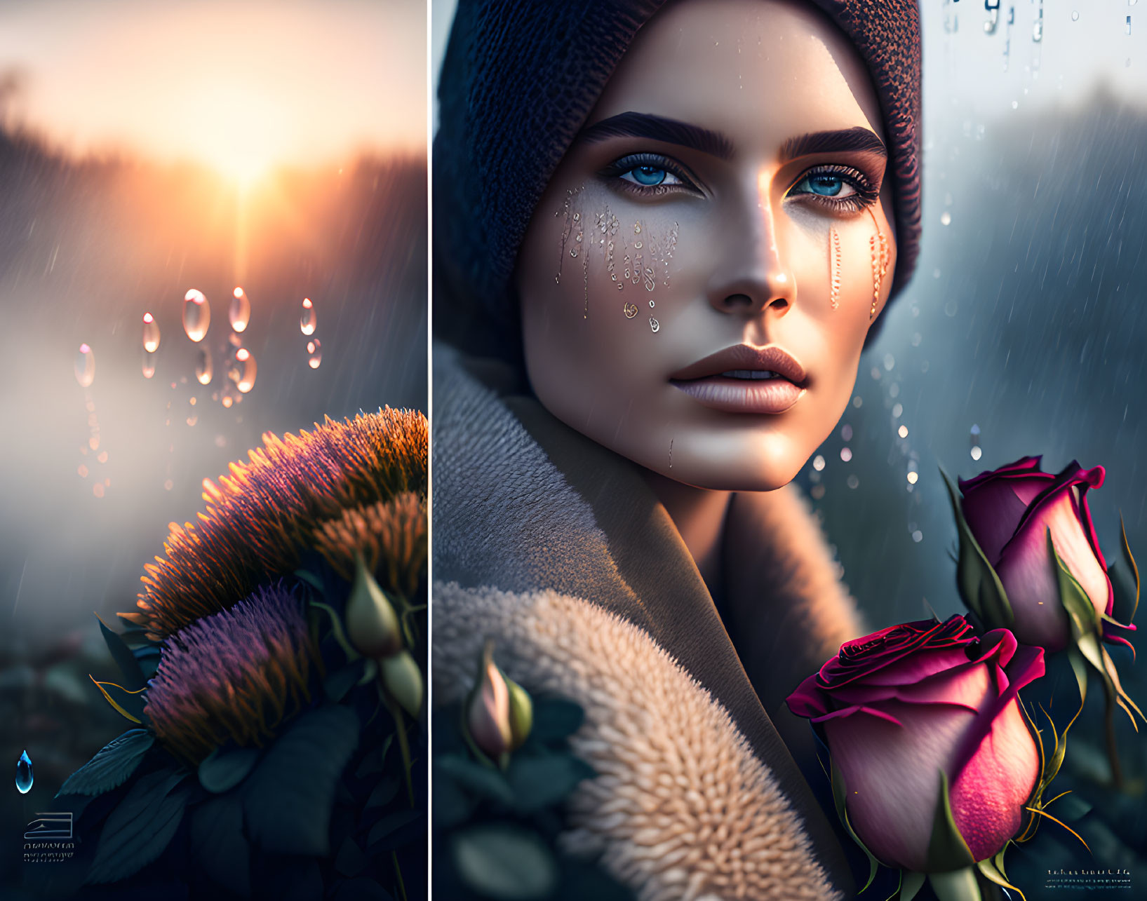 Close-up of woman with blue eyes, dew drops, beanie, coat, vibrant roses, blurred