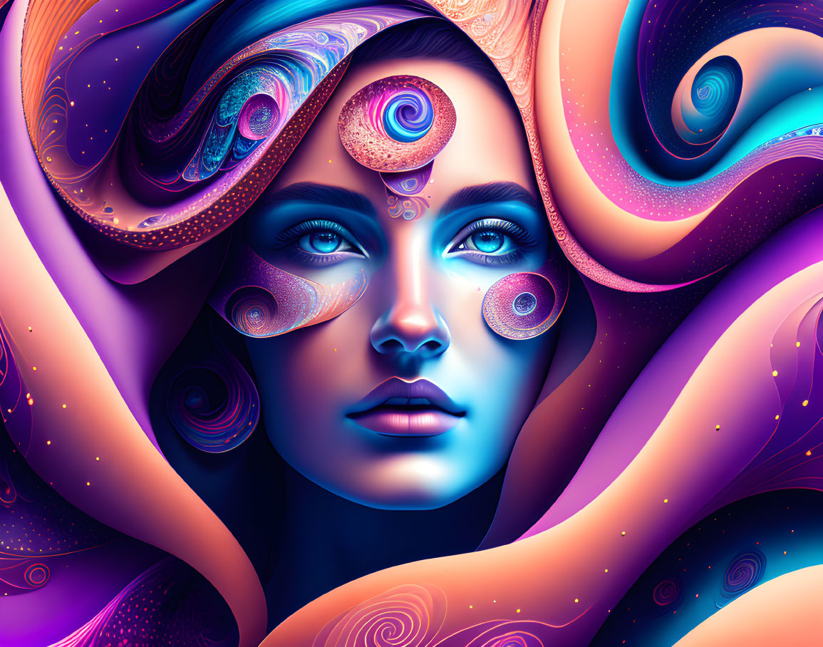 Colorful digital artwork: Woman with swirling patterns and third eye