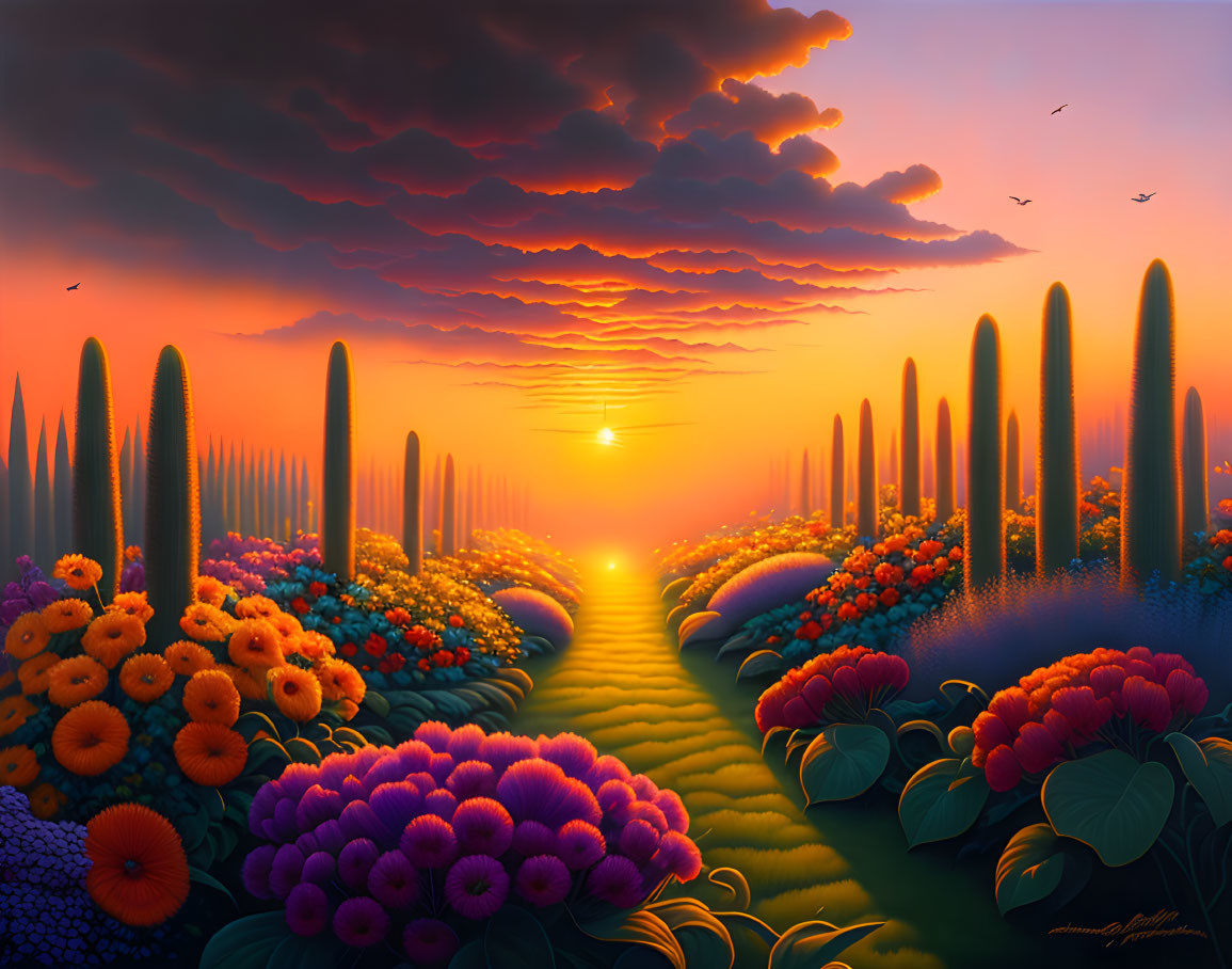 Colorful sunset digital artwork featuring river, flowers, cacti, and birds