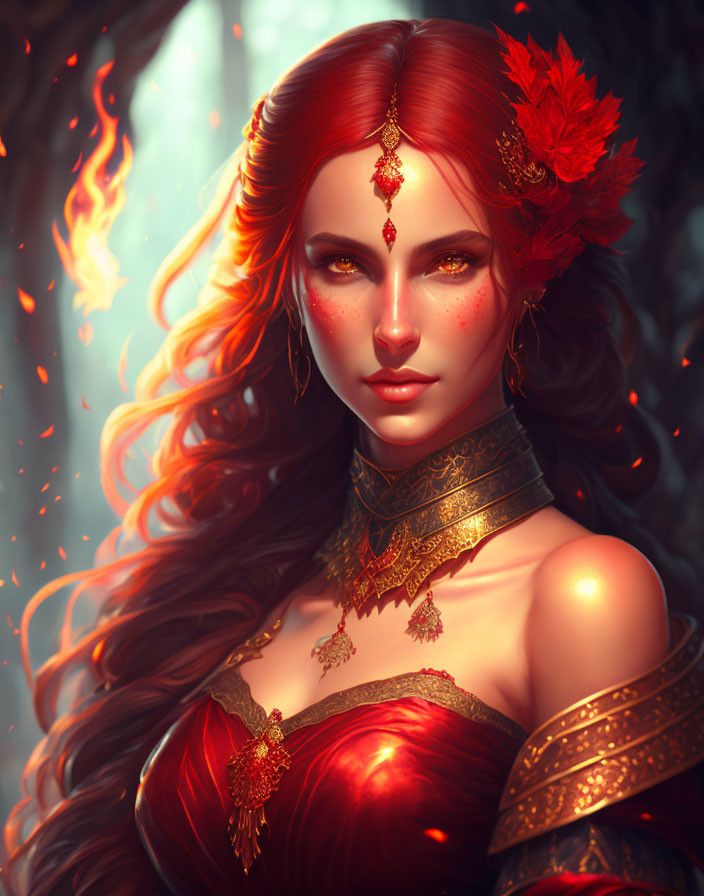 Illustration of woman with red hair, eyes, gold attire, in fiery glow