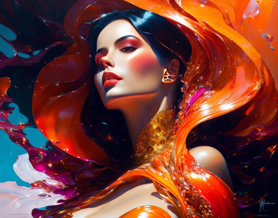 Striking makeup and red-orange hair against blue background with golden accents