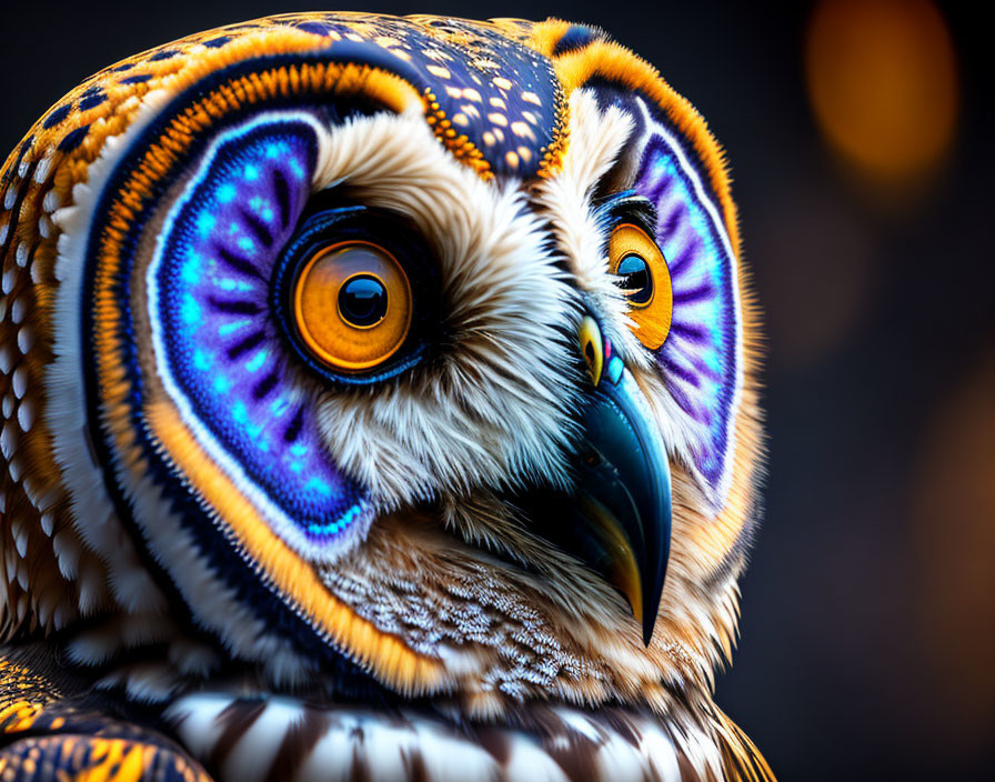 Colorful Stylistic Owl with Detailed Eyes and Feathers on Bokeh Background