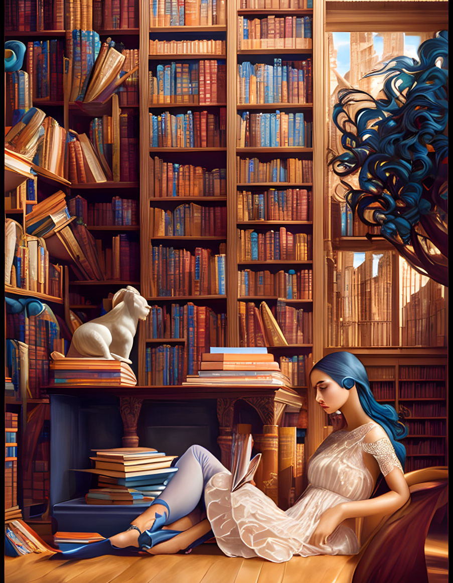 Blue-haired woman reading in cozy library with lion statue & bookshelves