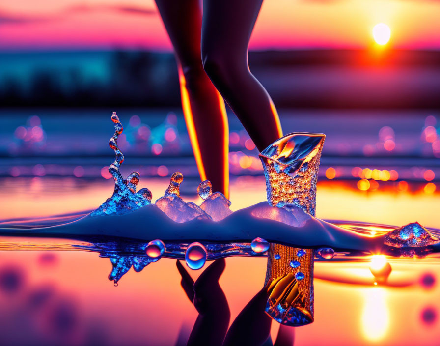 Elegant high-heeled shoes in water at sunset with splashing water