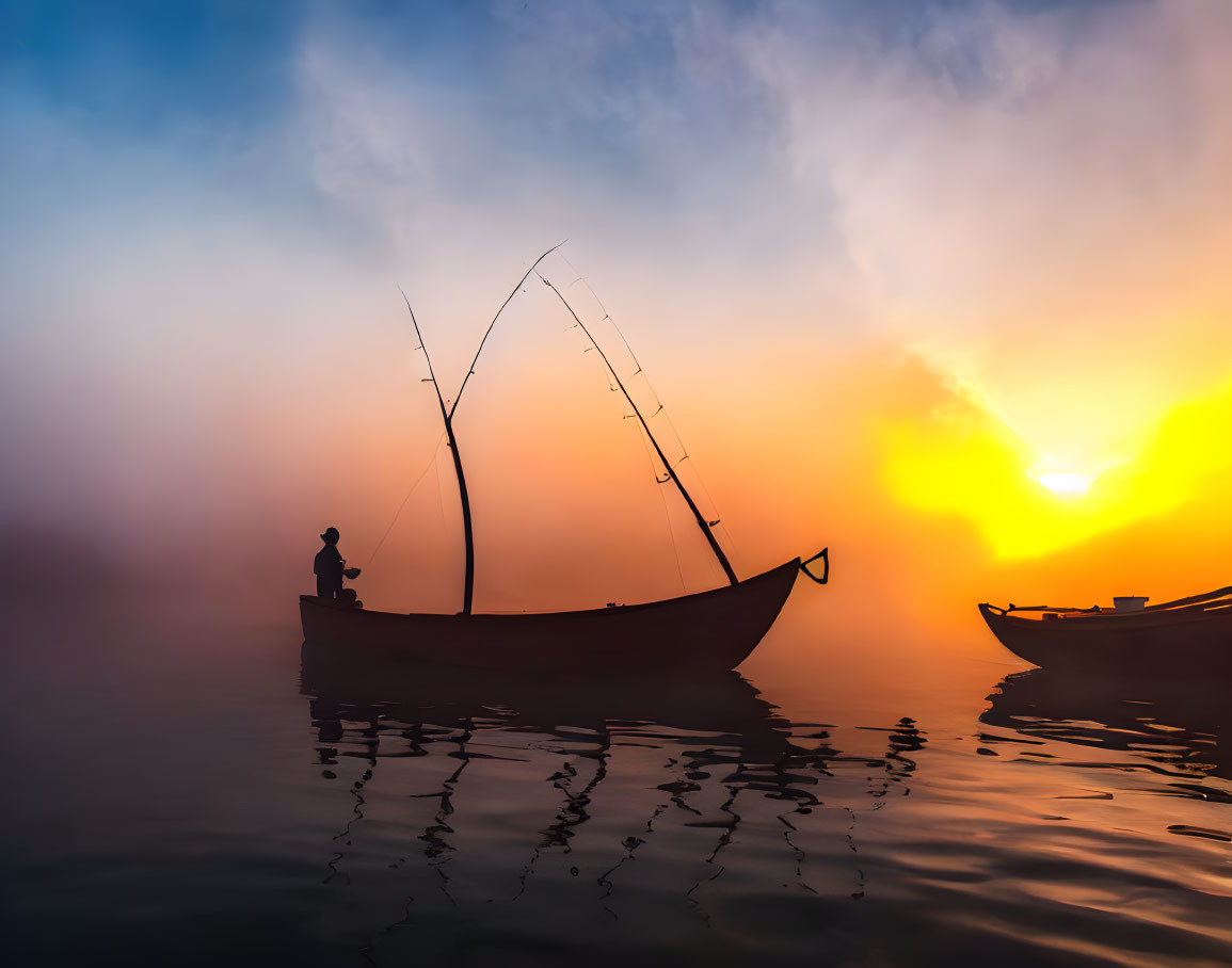 Silhouette of person on boat at serene dawn with fishing rods under orange and blue sky