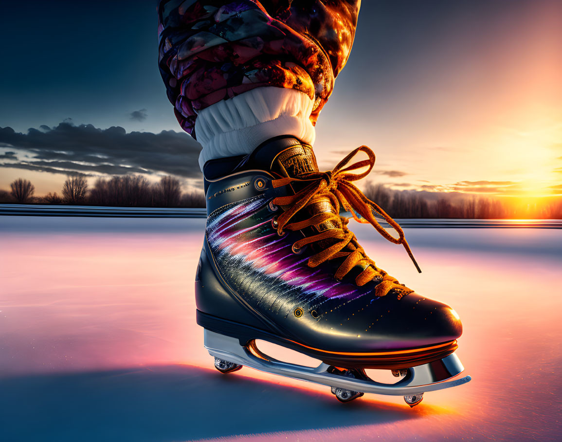 Colorful ice skate on icy surface with vibrant sunrise or sunset in background