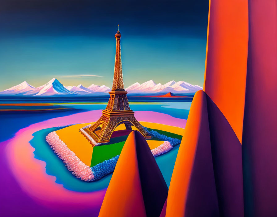 Surreal painting of Eiffel Tower with colorful circles and purple mountains