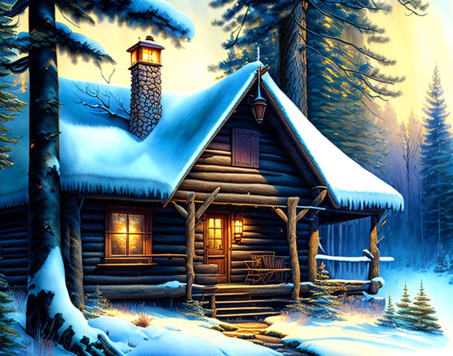 Snow-covered log cabin in serene winter forest at twilight