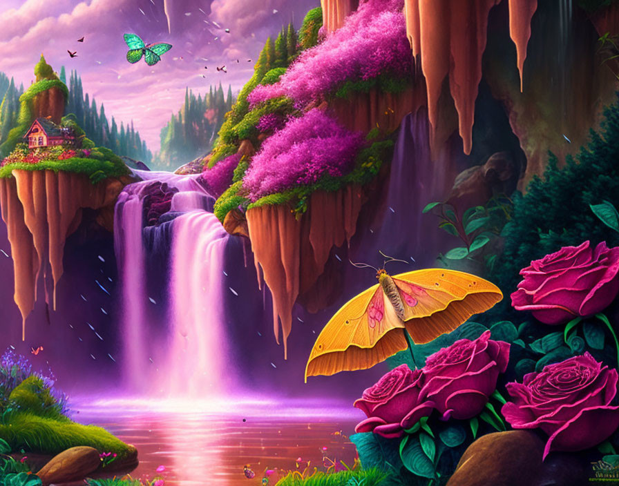 Fantasy landscape with waterfall, pink foliage, cottage, butterflies, roses, and moth.